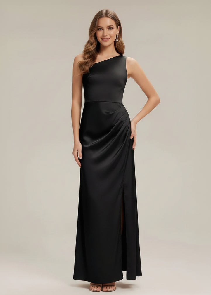 black bridesmaid dresses nz Black V-Neck Short Sleeve Satin Maxi Bridesmaid Dress With Slit Black / 3X / N22