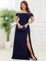 Eileen off shoulder Formal gown or bridesmaid dress in navy Express NZ wide - Bay Bridal and Ball Gowns