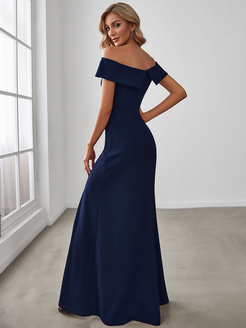 Eileen off shoulder Formal gown or bridesmaid dress in navy Express NZ wide - Bay Bridal and Ball Gowns