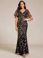 Eliza tulle sleeve black gown with gold leaf patterns Express NZ wide - Bay Bridal and Ball Gowns