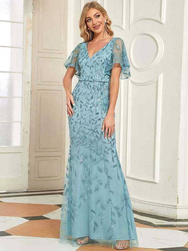 Eliza tulle sleeve mother of the bride dress in Dusky Blue s18 Express NZ wide - Bay Bridal and Ball Gowns