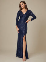 Elvira long sleeve dress with split in full sequin - Bay Bridal and Ball Gowns