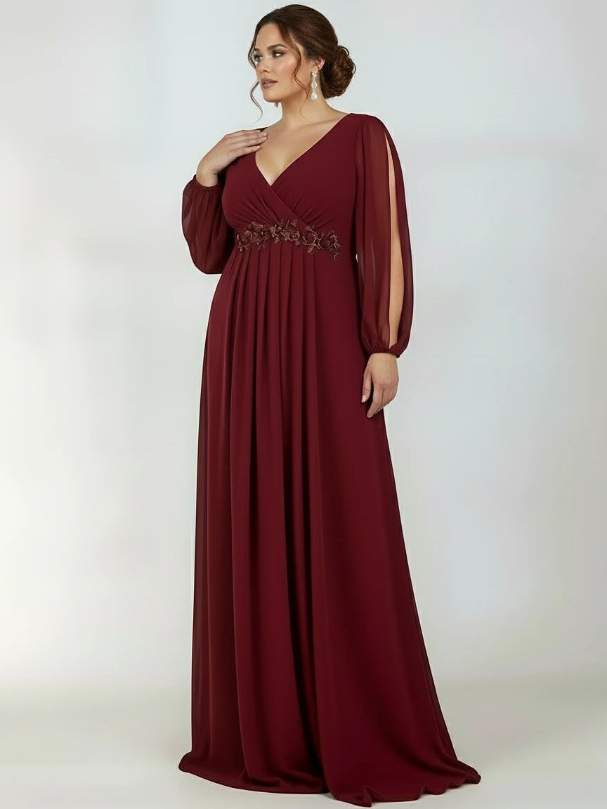 Cindy Evening Formal Ball Dress with Sleeve in Burgundy. Front shot of lady wearing this bay bridal and ball gown dress.
