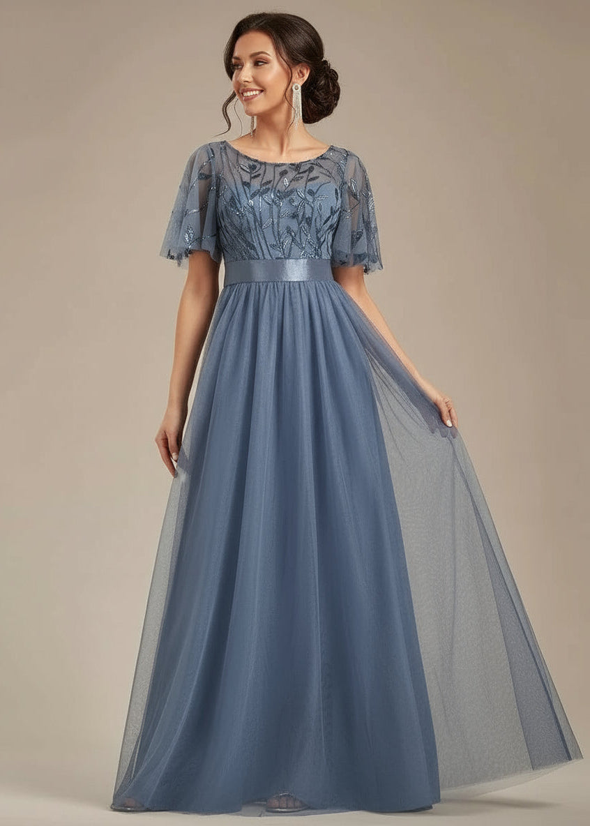 Georgia dusky navy leaf patterned tulle dress s16 Express NZ Wide - Bay Bridal and Ball Gowns