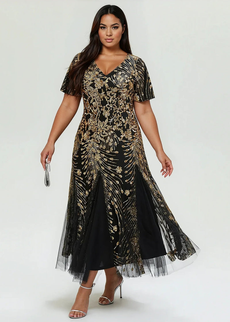 Gina Black & Gold Sequin Occasions Dress – Plus Size 30 Formal Gown