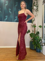 Gwen sequin sparkling lace up dress with split in Burgundy Express NZ wide - Bay Bridal and Ball Gowns