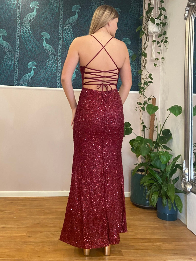 Gwen sequin sparkling lace up dress with split in Burgundy Express NZ wide - Bay Bridal and Ball Gowns