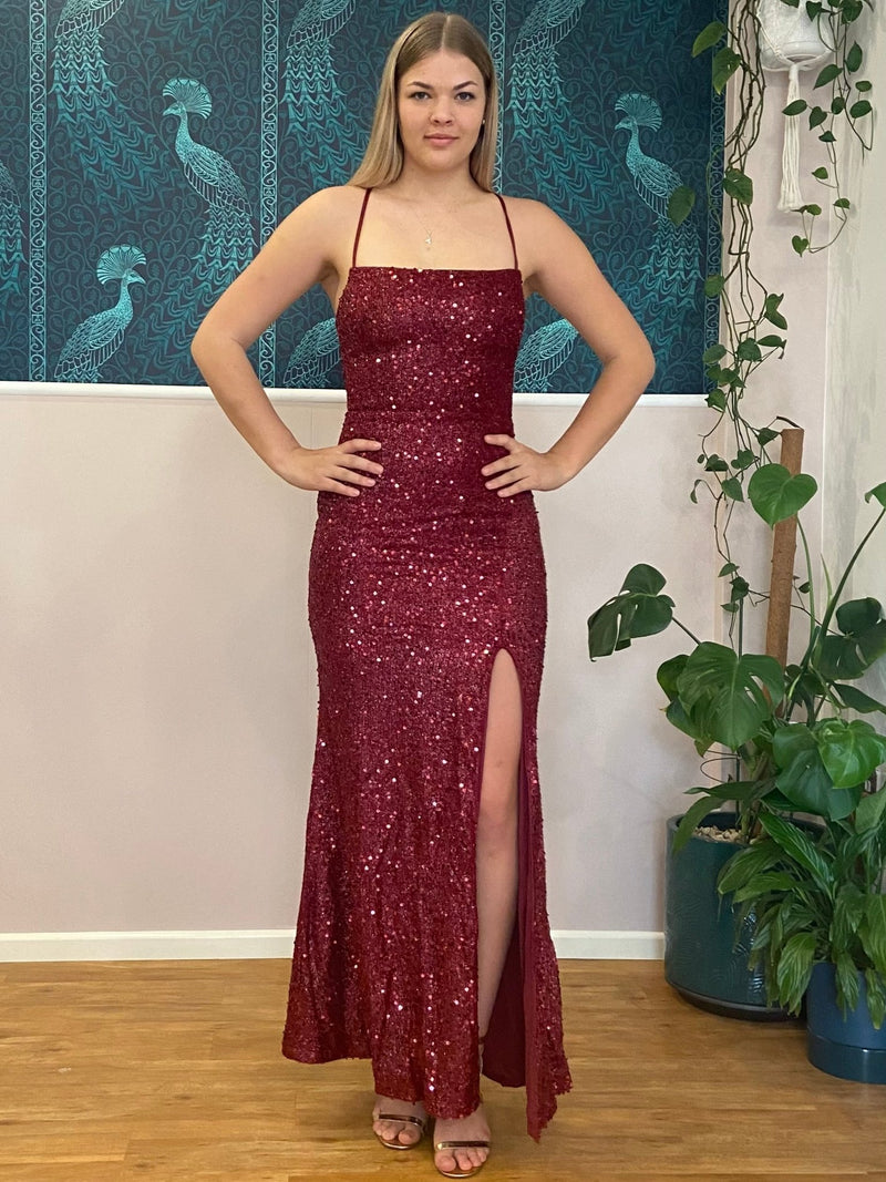 Gwen sequin sparkling lace up dress with split in Burgundy Express NZ wide - Bay Bridal and Ball Gowns