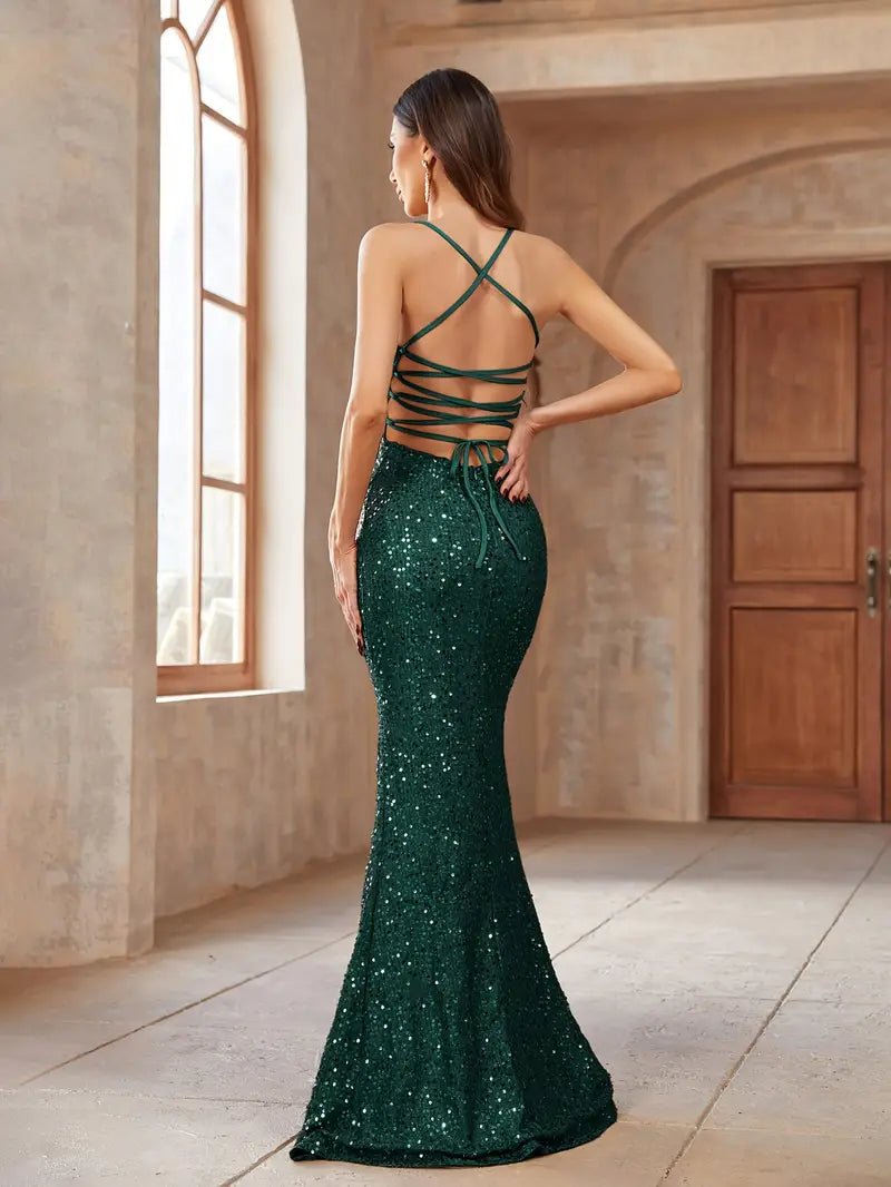 Gwen sequin sparkling lace up dress with split in green Express NZ wide - Bay Bridal and Ball Gowns