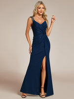 Halo ruched navy evening dress with split and sparkle s16 Express NZ wide - Bay Bridal and Ball Gowns