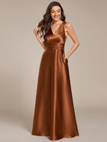 Heidi A line satin Copper wedding gown with pockets - Bay Bridal and Ball Gowns