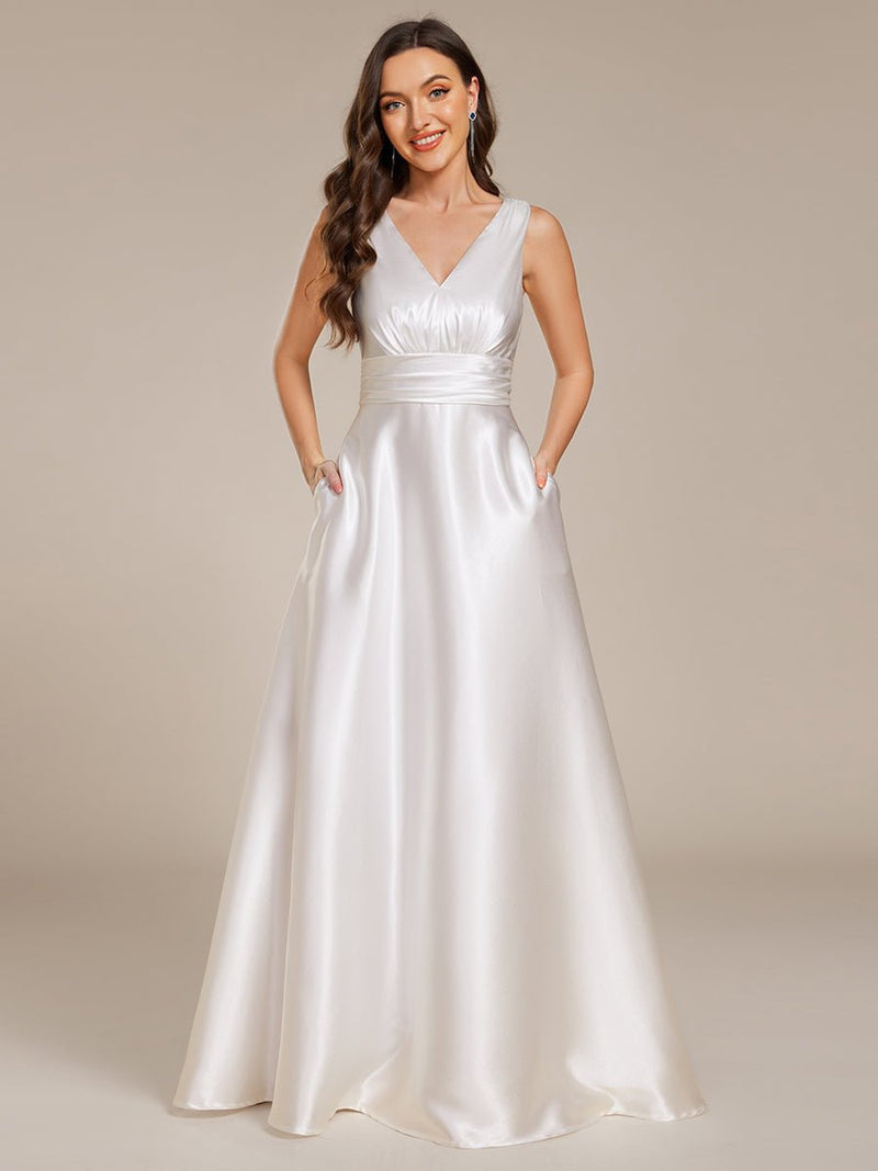 Heidi A line satin Ivory wedding gown with pockets - Bay Bridal and Ball Gowns