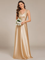 Heidi A line satin light gold wedding gown with pockets - Bay Bridal and Ball Gowns