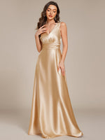 Heidi A line satin light gold wedding gown with pockets - Bay Bridal and Ball Gowns