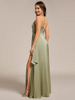 Holly light sage satin bridesmaid dress with split Express NZ wide - Bay Bridal and Ball Gowns