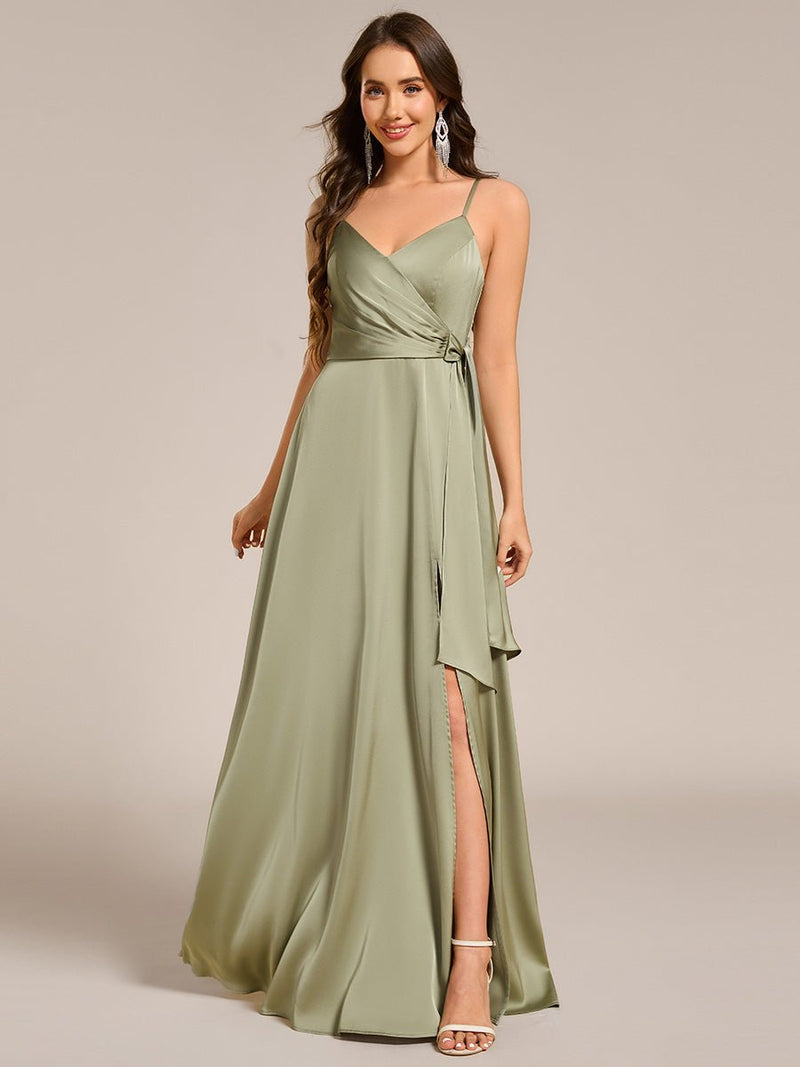 Holly light sage satin bridesmaid dress with split Express NZ wide - Bay Bridal and Ball Gowns