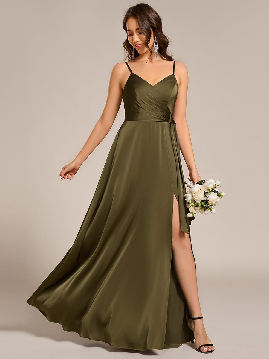 Holly olive satin bridesmaid dress with split - Bay Bridal and Ball Gowns