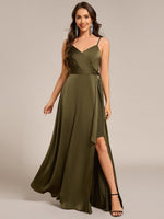 Holly olive satin bridesmaid dress with split - Bay Bridal and Ball Gowns