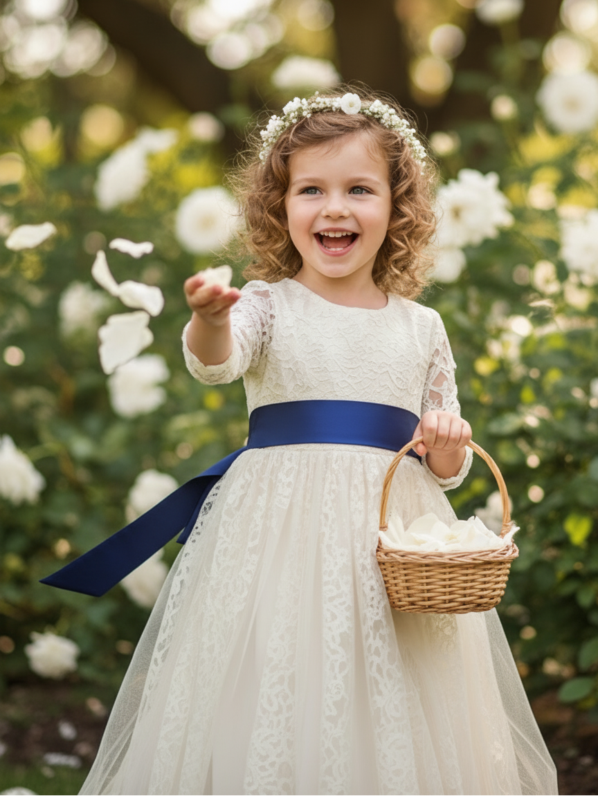 image of a young flower girl at a wedding wearing a solid navy waist band about 6cm wide