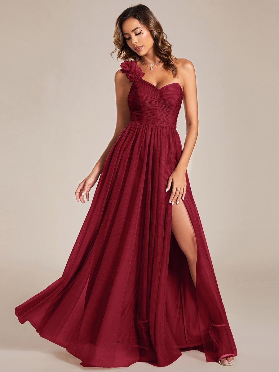 Janey burgundy tulle one shoulder dress with split Express NZ wide - Bay Bridal and Ball Gowns