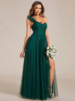 Janey emerald tulle one shoulder ball dress with split s6 Express NZ wide - Bay Bridal and Ball Gowns