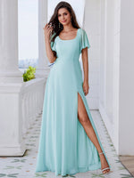 Jasey U - Neck bridesmaid dress with split and sleeve - Bay Bridal and Ball Gowns