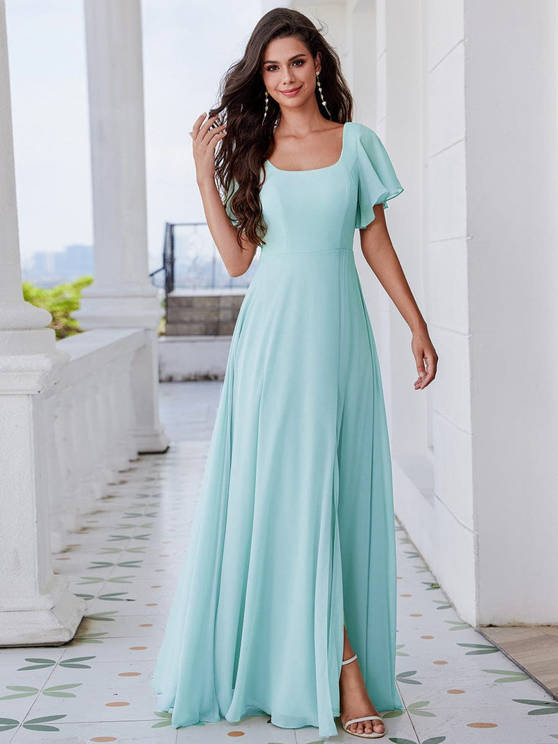 Jasey U - Neck bridesmaid dress with split and sleeve - Bay Bridal and Ball Gowns