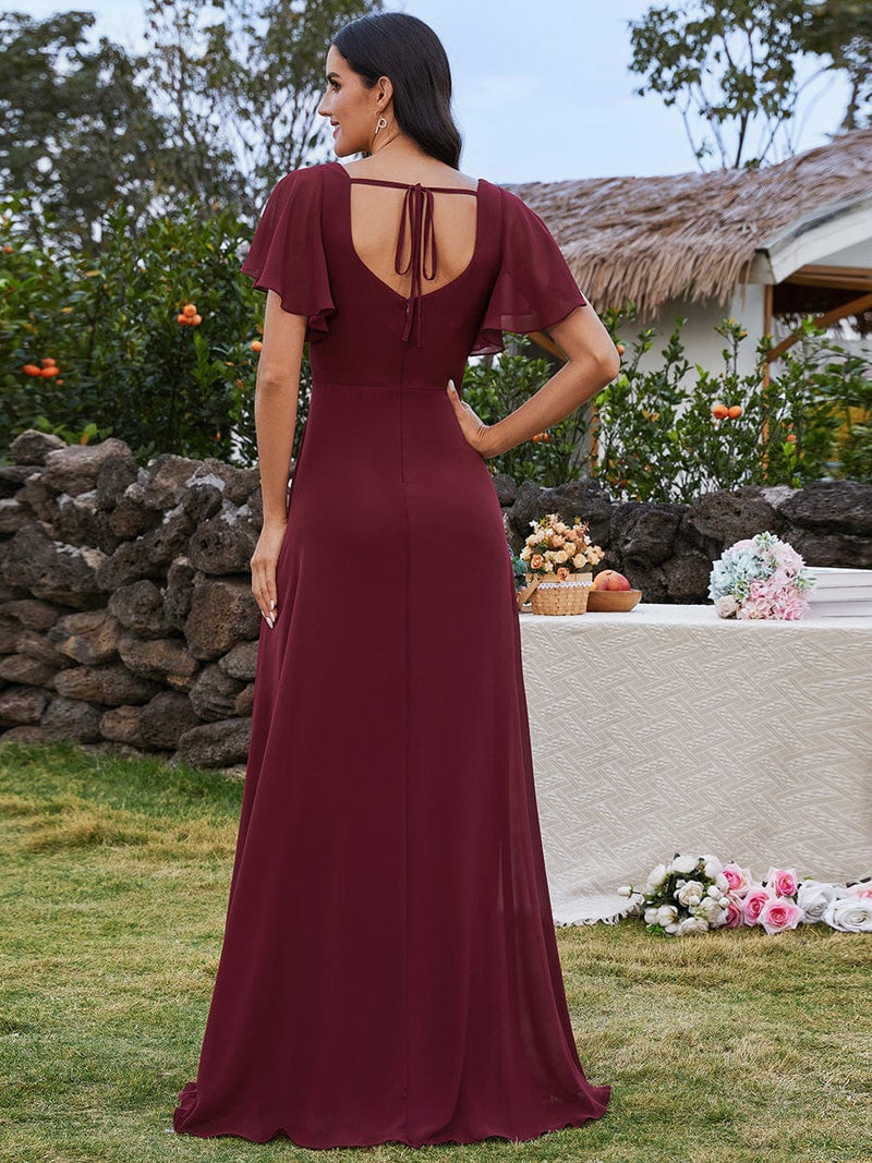 Jasey U - Neck bridesmaid dress with split and sleeve - Bay Bridal and Ball Gowns