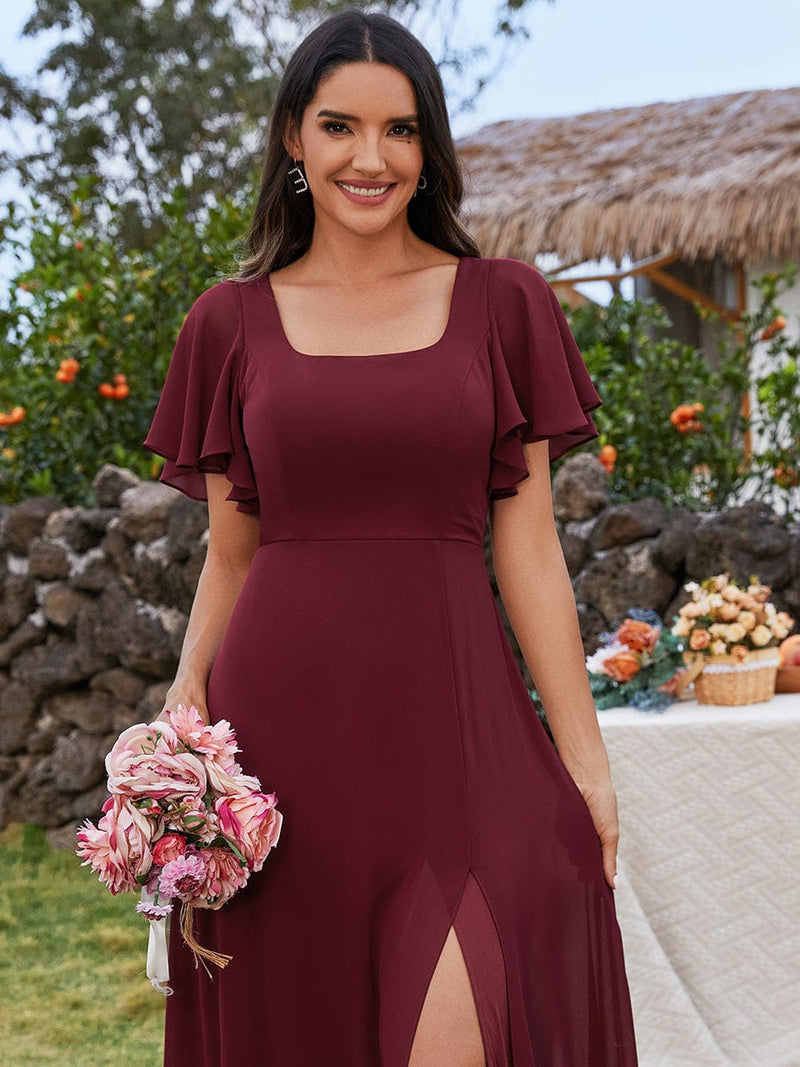 Jasey U - Neck bridesmaid dress with split and sleeve - Bay Bridal and Ball Gowns