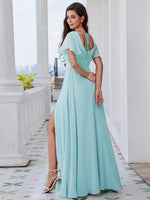 Jasey U - Neck bridesmaid dress with split and sleeve - Bay Bridal and Ball Gowns