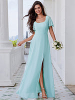 Jasey U - Neck bridesmaid dress with split and sleeve - Bay Bridal and Ball Gowns