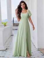 Jasey U - Neck bridesmaid dress with split and sleeve - Bay Bridal and Ball Gowns