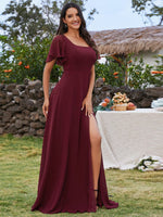 Jasey U - Neck bridesmaid dress with split and sleeve - Bay Bridal and Ball Gowns