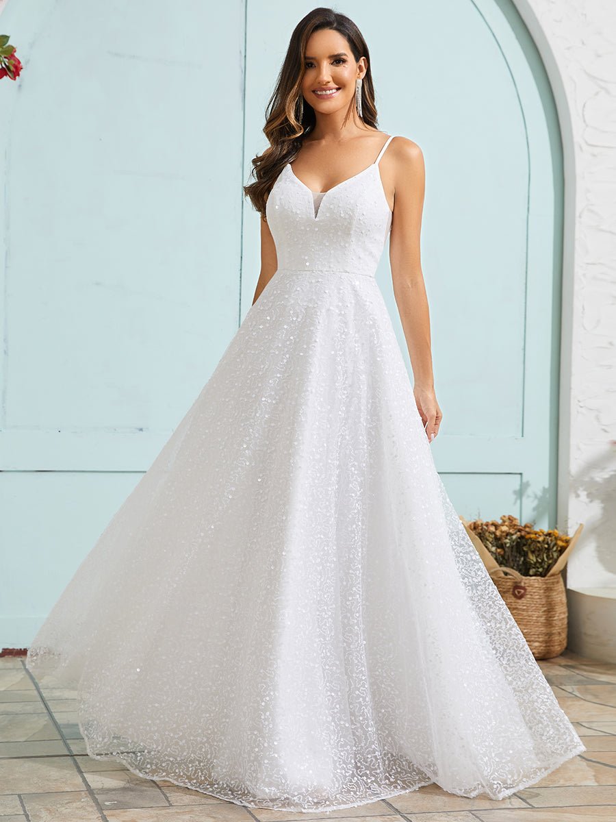 Jordie ivory sequin A - line dress with thin straps - Bay Bridal and Ball Gowns