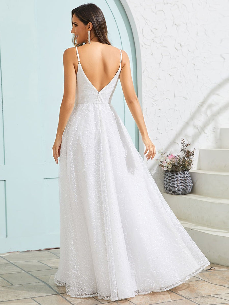Jordie ivory sequin A - line dress with thin straps - Bay Bridal and Ball Gowns