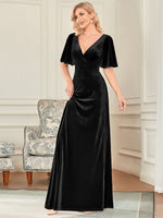 Jorrie full velvet short sleeved winter bridesmaid gown - Bay Bridal and Ball Gowns