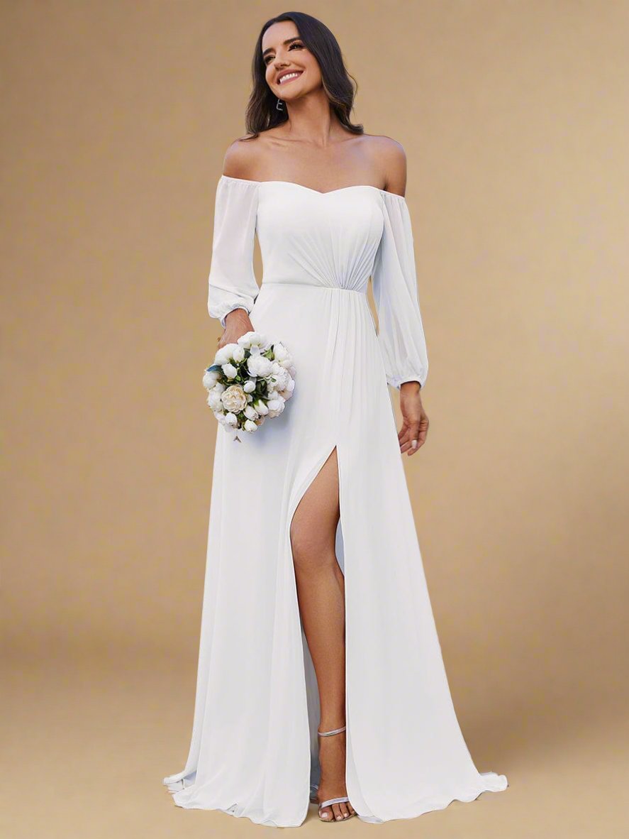 Julia off shoulder ivory chiffon wedding dress with split - Bay Bridal and Ball Gowns