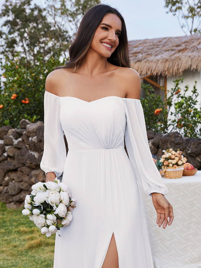 Julia off shoulder ivory chiffon wedding dress with split - Bay Bridal and Ball Gowns