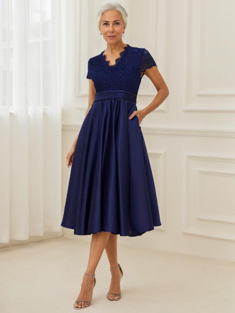 June classy below knee lace and satin mother of the bride dress - Bay Bridal and Ball Gowns