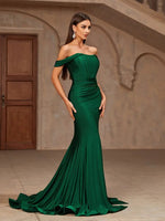 Justina emerald corset off shoulder gown with split Express NZ wide - Bay Bridal and Ball Gowns