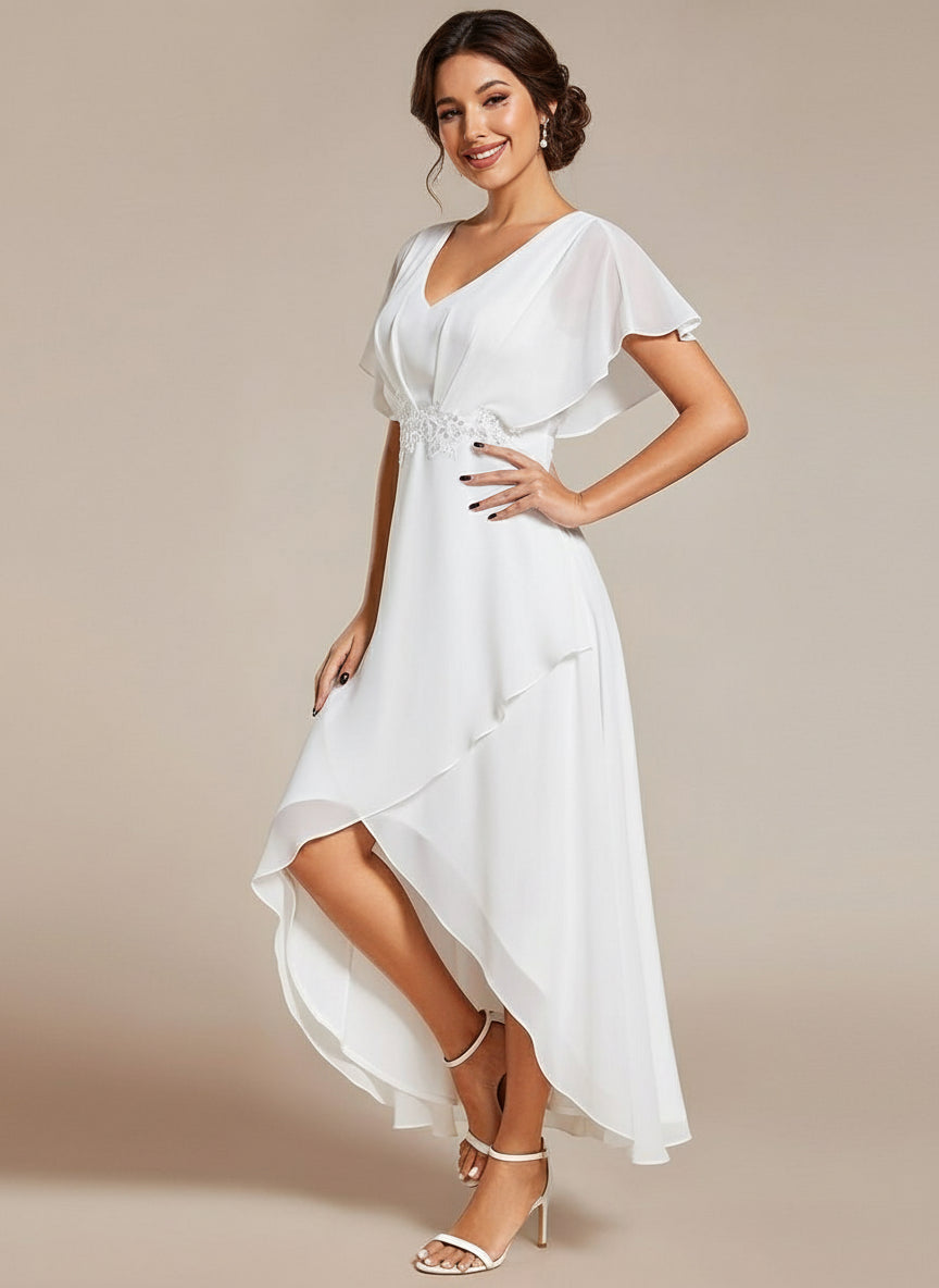 Justine high low midi ivory wedding gown in chiffon - Bay Bridal and Ball Gowns