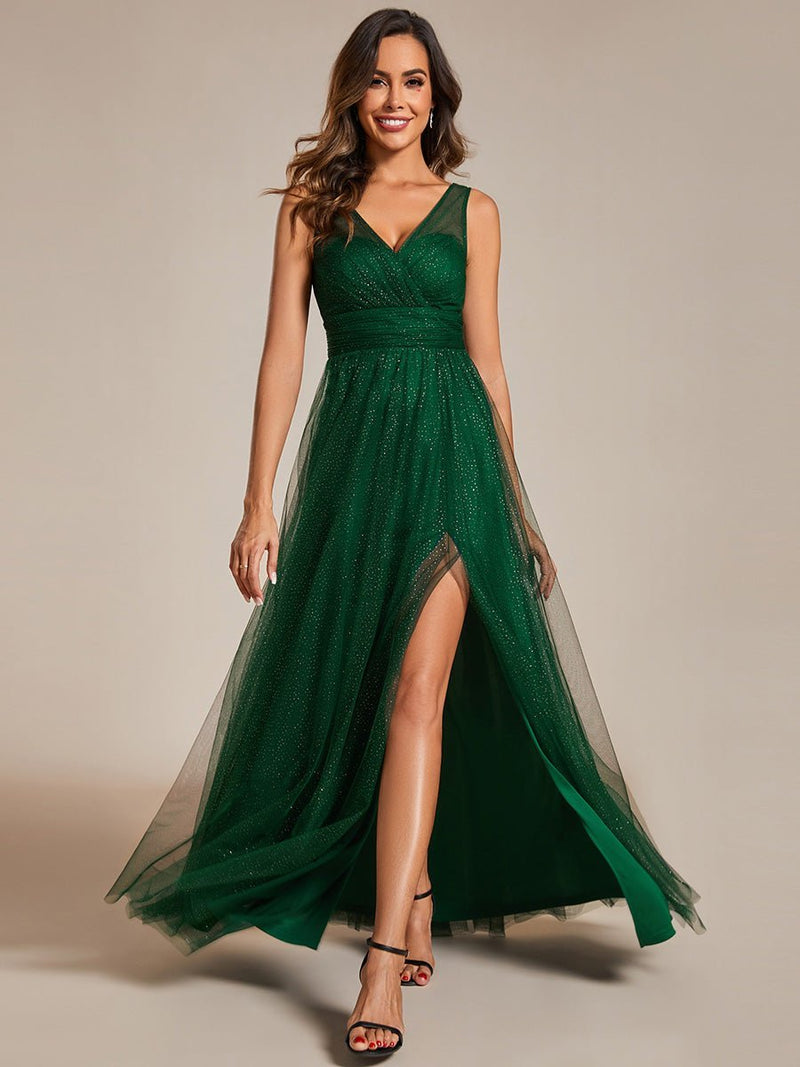 Karlia maxi sparkling ball dress with split s8 - 10 Ever Green Express NZ wide - Bay Bridal and Ball Gowns