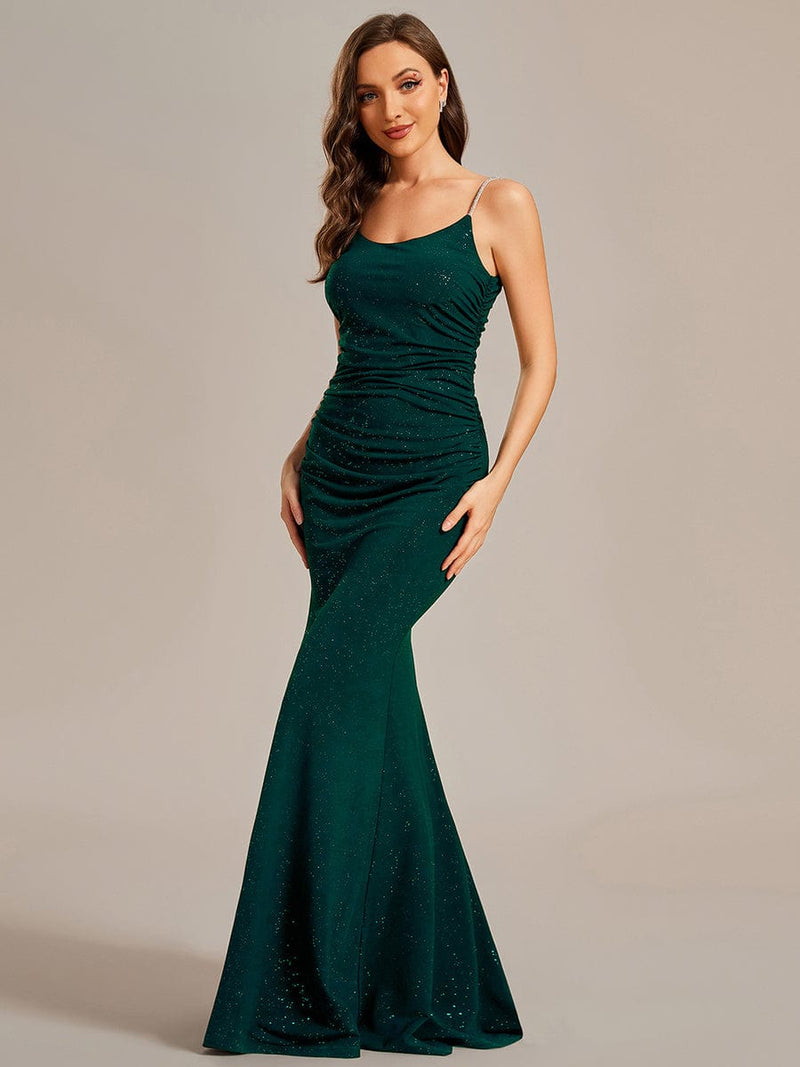 Kela low back rushed ball dress with sparkling straps in ever green Express NZ wide - Bay Bridal and Ball Gowns