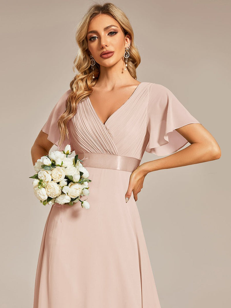 Kelsie v neck flutter sleeve chiffon wedding dress in blush - Bay Bridal and Ball Gowns