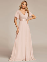 Kelsie v neck flutter sleeve chiffon wedding dress in blush - Bay Bridal and Ball Gowns