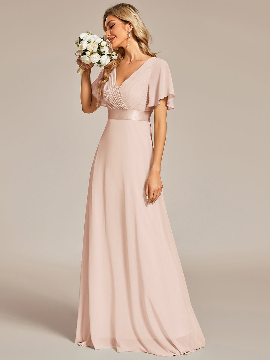 Kelsie v neck flutter sleeve chiffon wedding dress in blush - Bay Bridal and Ball Gowns