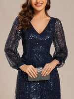 Kerrianna Navy V - neck long lantern sleeve sequin A - Line dress s24 - 26 Express NZ wide - Bay Bridal and Ball Gowns