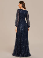 Kerrianna Navy V - neck long lantern sleeve sequin A - Line dress s24 - 26 Express NZ wide - Bay Bridal and Ball Gowns