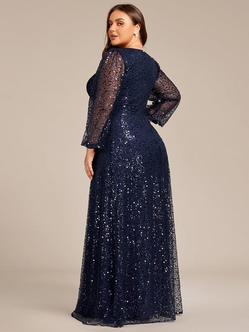 Kerrianna Navy V - neck long lantern sleeve sequin A - Line dress s24 - 26 Express NZ wide - Bay Bridal and Ball Gowns