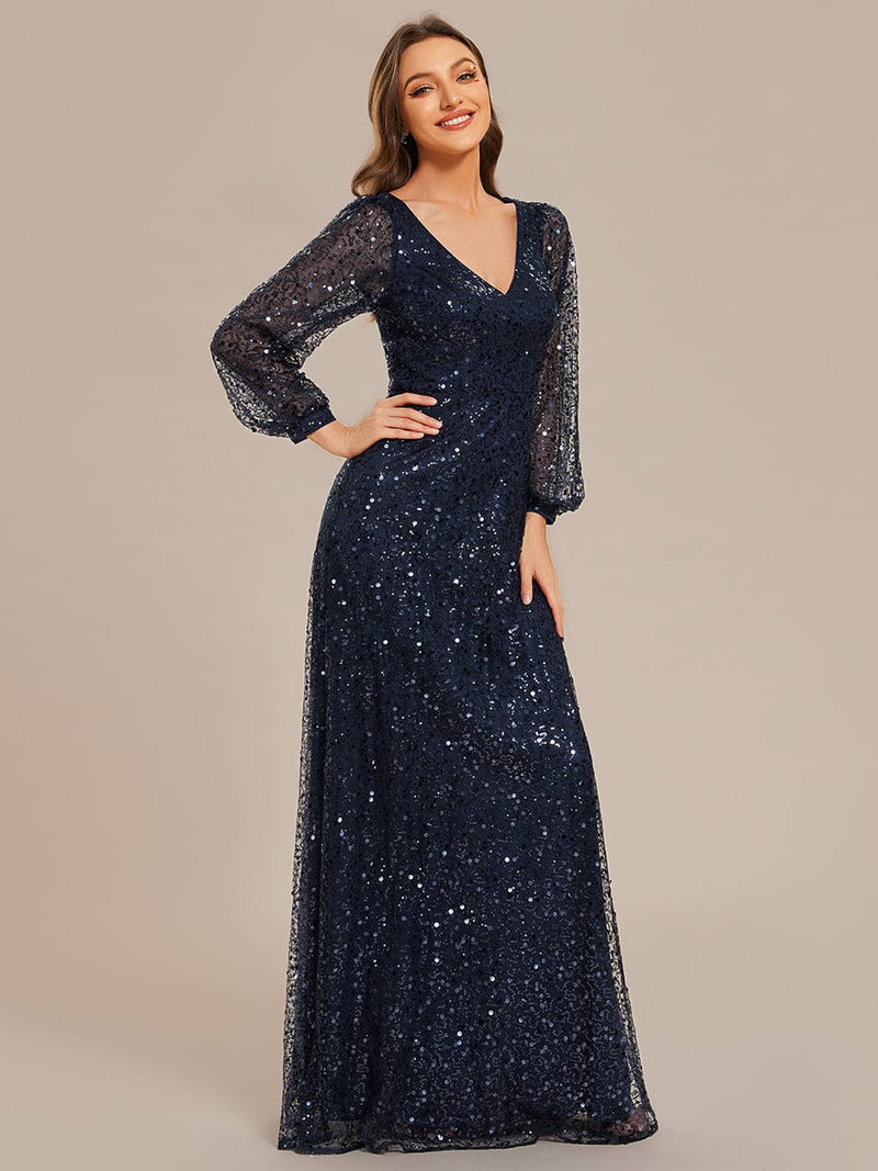 Kerrianna Navy V - neck long lantern sleeve sequin A - Line dress s24 - 26 Express NZ wide - Bay Bridal and Ball Gowns